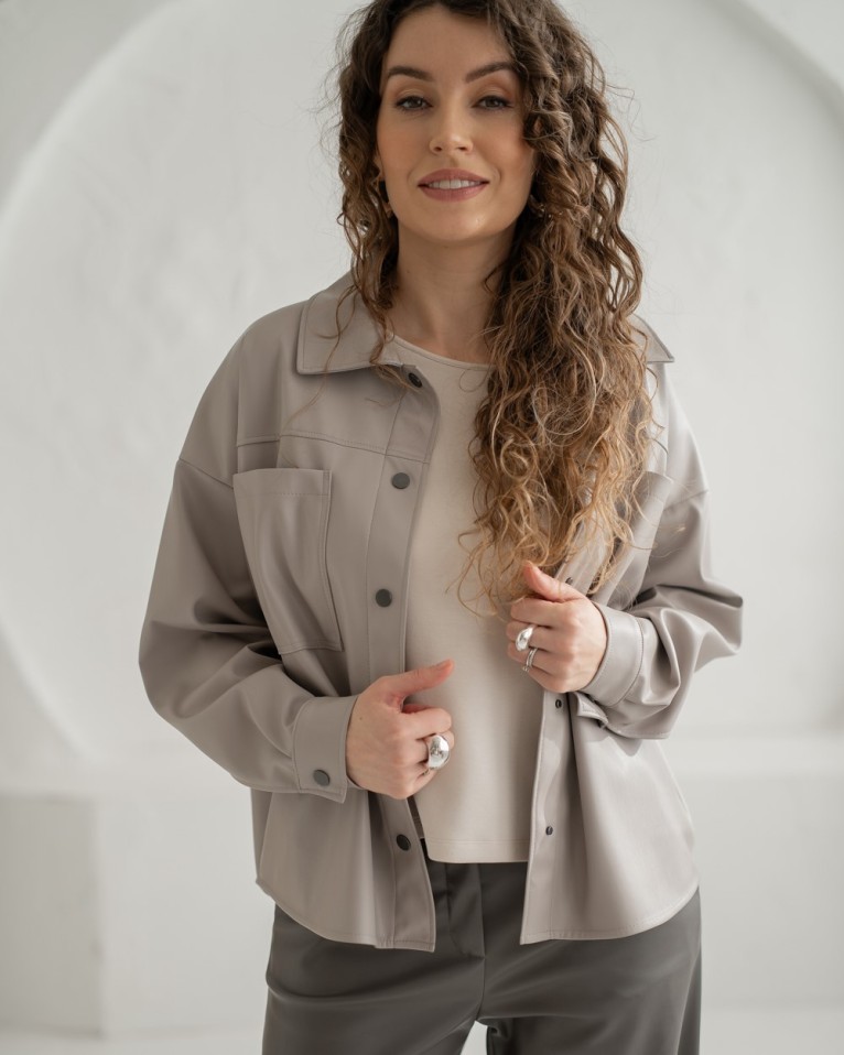 Light Grey Faux Leather Jacket with Patch Pockets