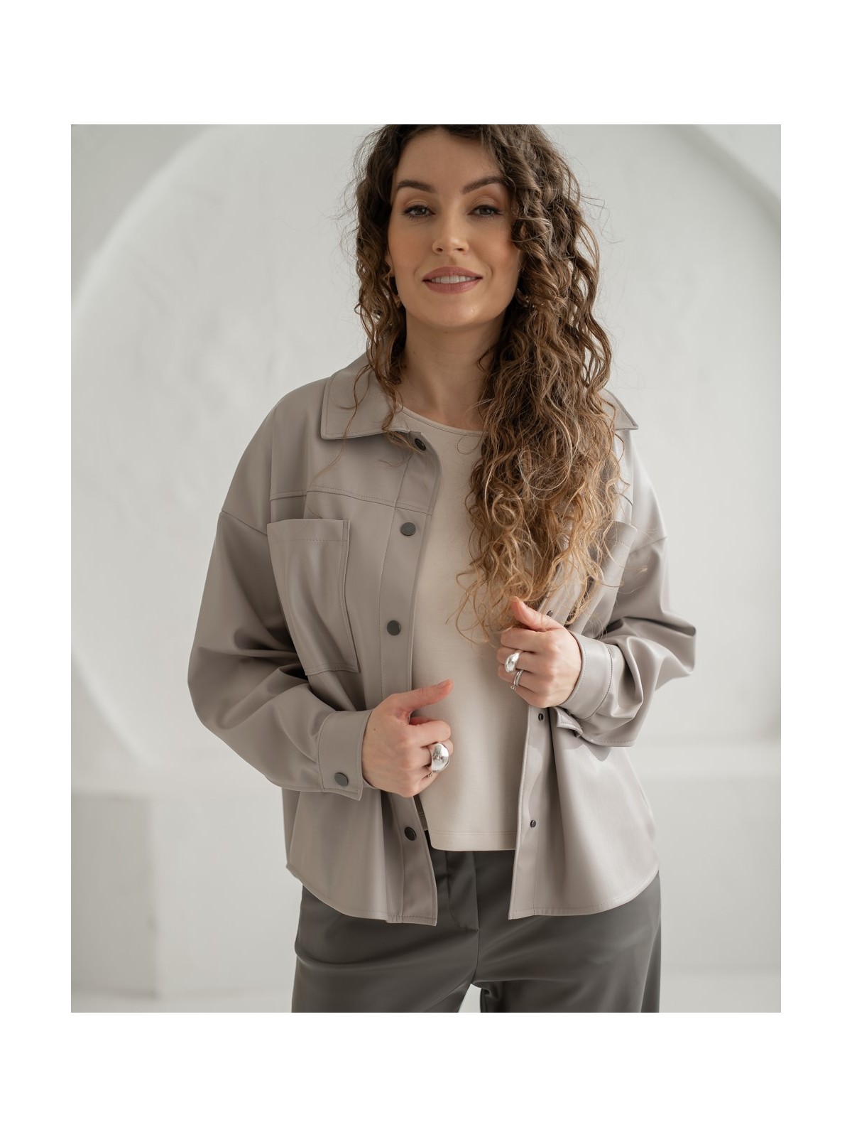 Light Grey Faux Leather Jacket with Patch Pockets