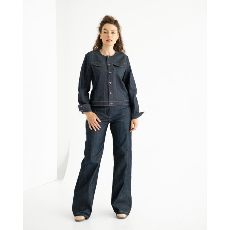 Dark Blue Denim Jacket with Contrast Stitching