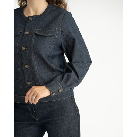 Dark Blue Denim Jacket with Contrast Stitching