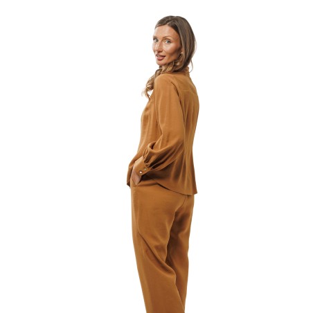 Tobacco Brown Viscose Blouse with Concealed Button Fastening