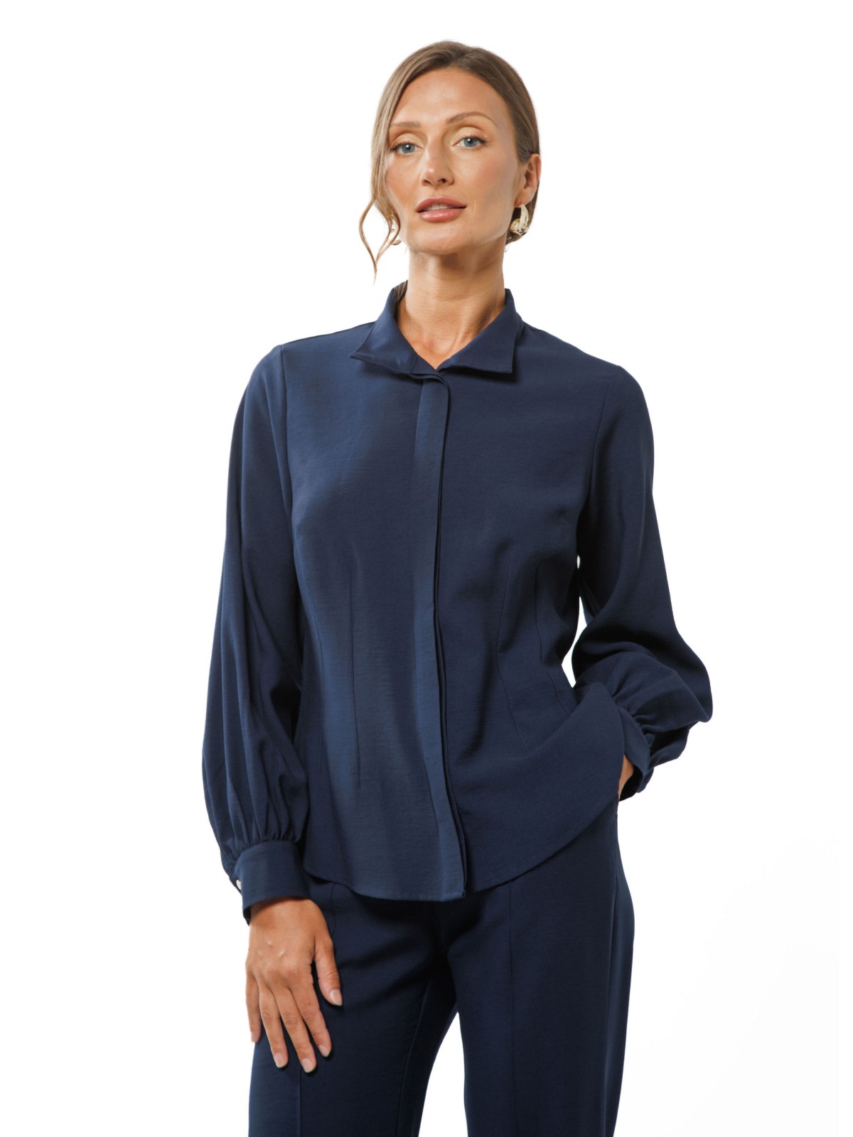 Dark Navy Viscose Blouse with Concealed Button Fastening