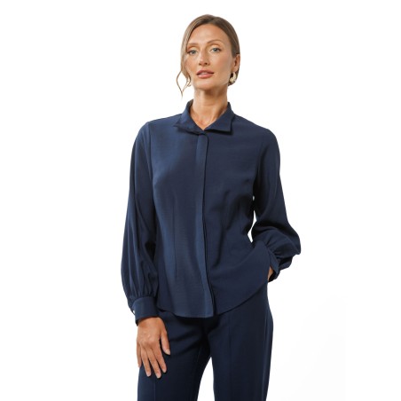 Dark Navy Viscose Blouse with Concealed Button Fastening
