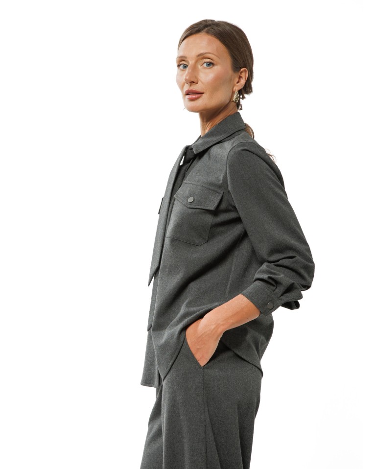 Grey Melange Shirt-Style Jacket with Tie