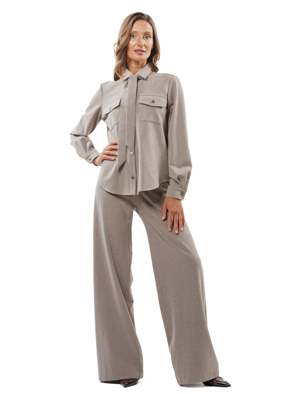Beige Melange Slightly Flared Trousers