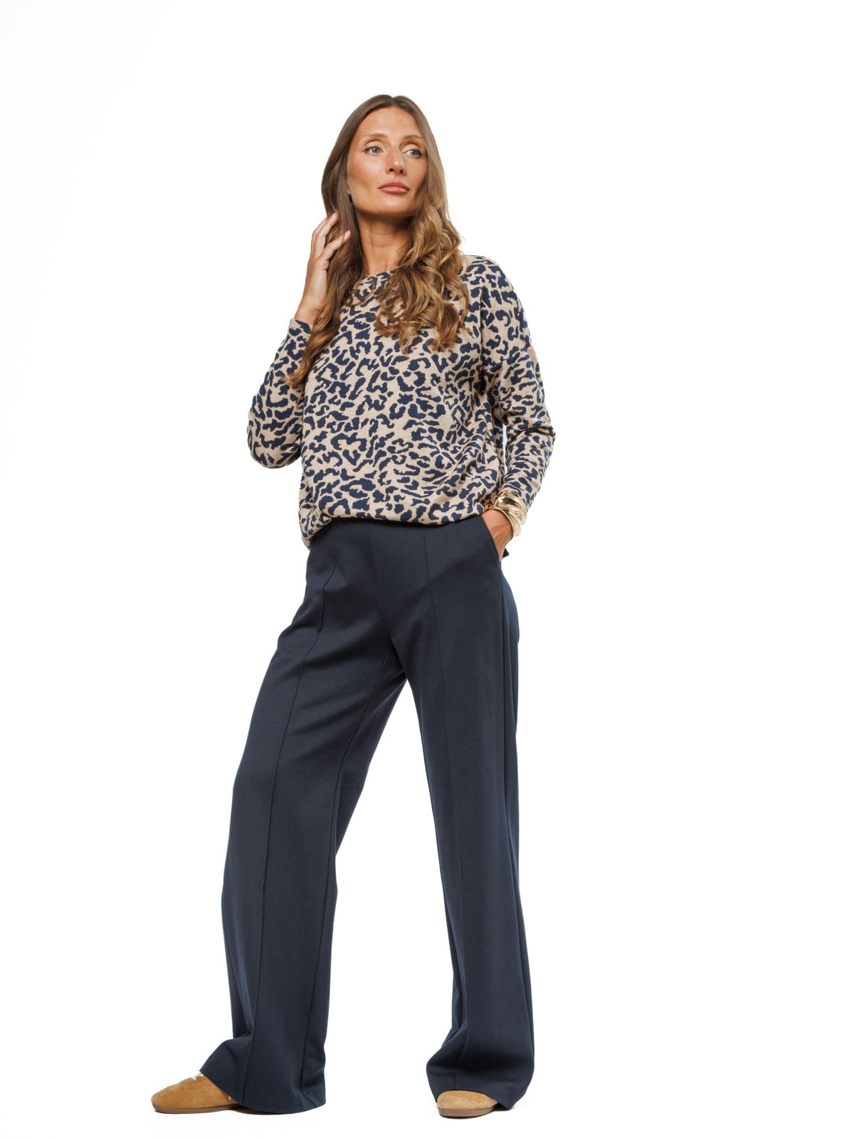 Light Brown Women’s Sweater with Dark Blue Leopard Print