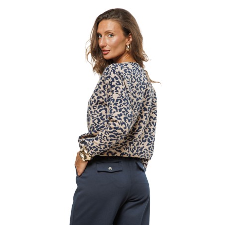 Light Brown Women’s Sweater with Dark Blue Leopard Print