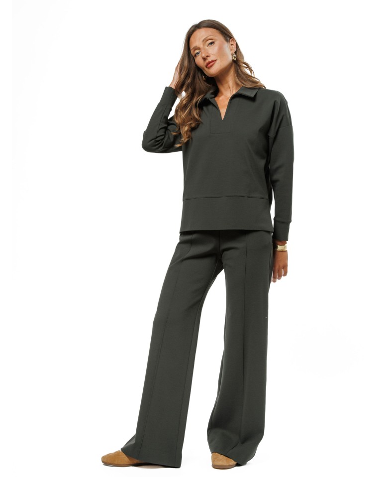 Dark Green Women’s Blouse with Turn-Down Collar