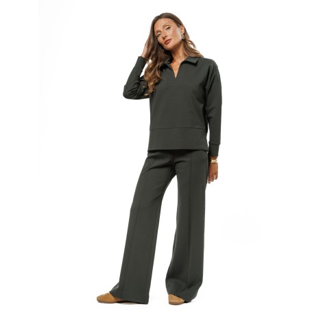 Dark Green Women’s Blouse with Turn-Down Collar