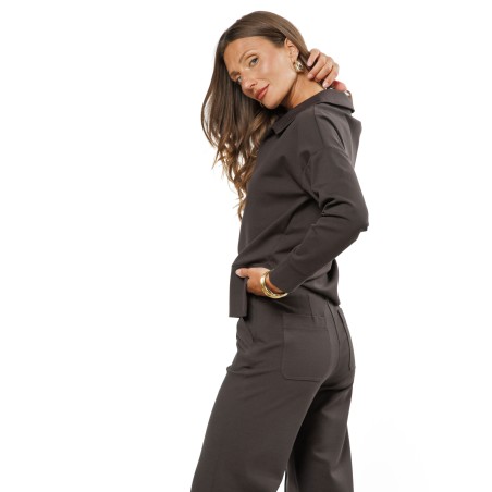 Taupe Women’s Blouse with Turn-Down Collar