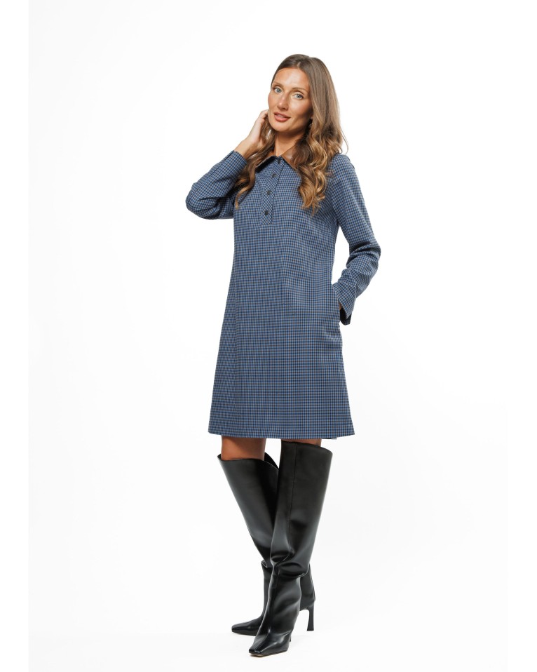Blue Checked Women’s Dress with Faux Leather Collar