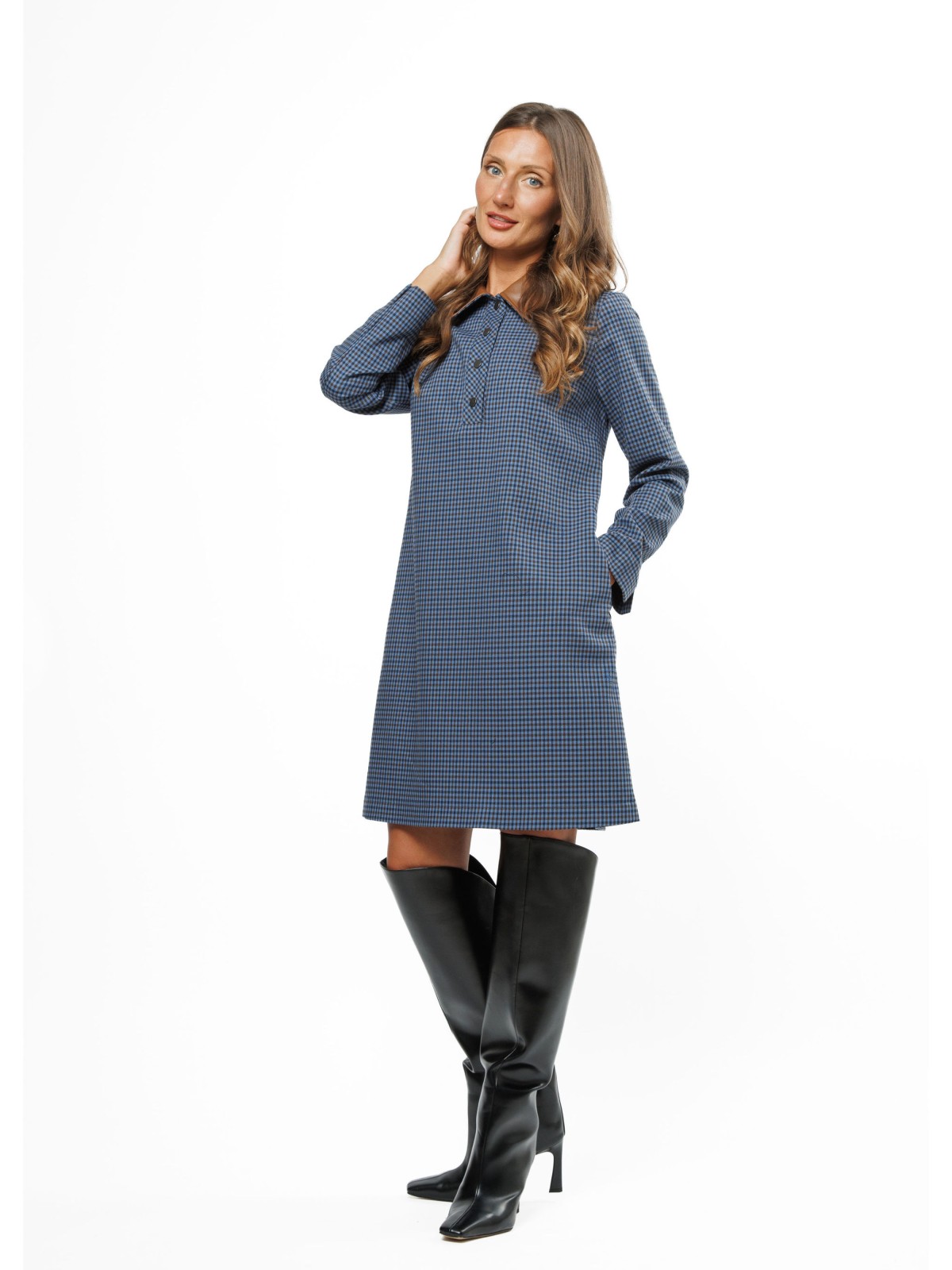 Blue Checked Women’s Dress with Faux Leather Collar