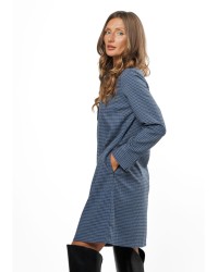 Blue Checked Women’s Dress with Faux Leather Collar