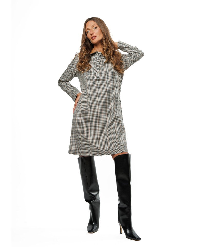 Cream Checked Women’s Dress with Faux Leather Collar