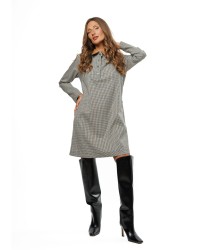 Cream Checked Women’s Dress with Faux Leather Collar