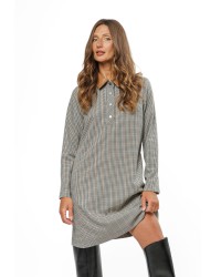 Cream Checked Women’s Dress with Faux Leather Collar