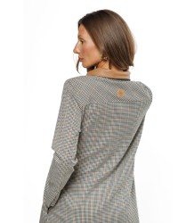 Cream Checked Women’s Dress with Faux Leather Collar