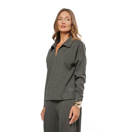 Brown and Black Women’s Blouse with Herringbone Pattern and V-Neck