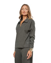 Brown and Black Women’s Blouse with Herringbone Pattern and V-Neck