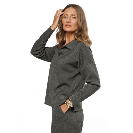 Brown and Black Women’s Blouse with Herringbone Pattern and V-Neck