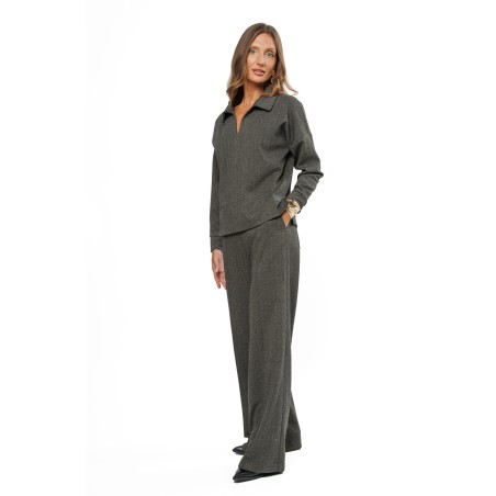 Brown and Black Women’s Blouse with Herringbone Pattern and V-Neck