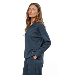 Dark Blue Women’s Blouse with Black Herringbone Pattern and V-Neck