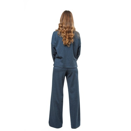 Dark Blue Women’s Blouse with Black Herringbone Pattern and V-Neck