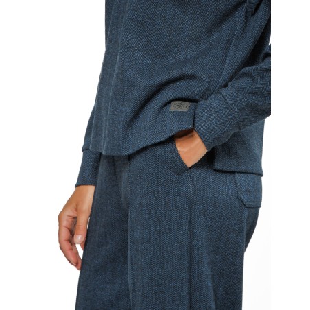 Dark Blue Women’s Blouse with Black Herringbone Pattern and V-Neck