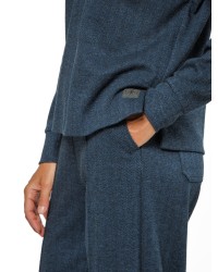 Dark Blue Women’s Blouse with Black Herringbone Pattern and V-Neck