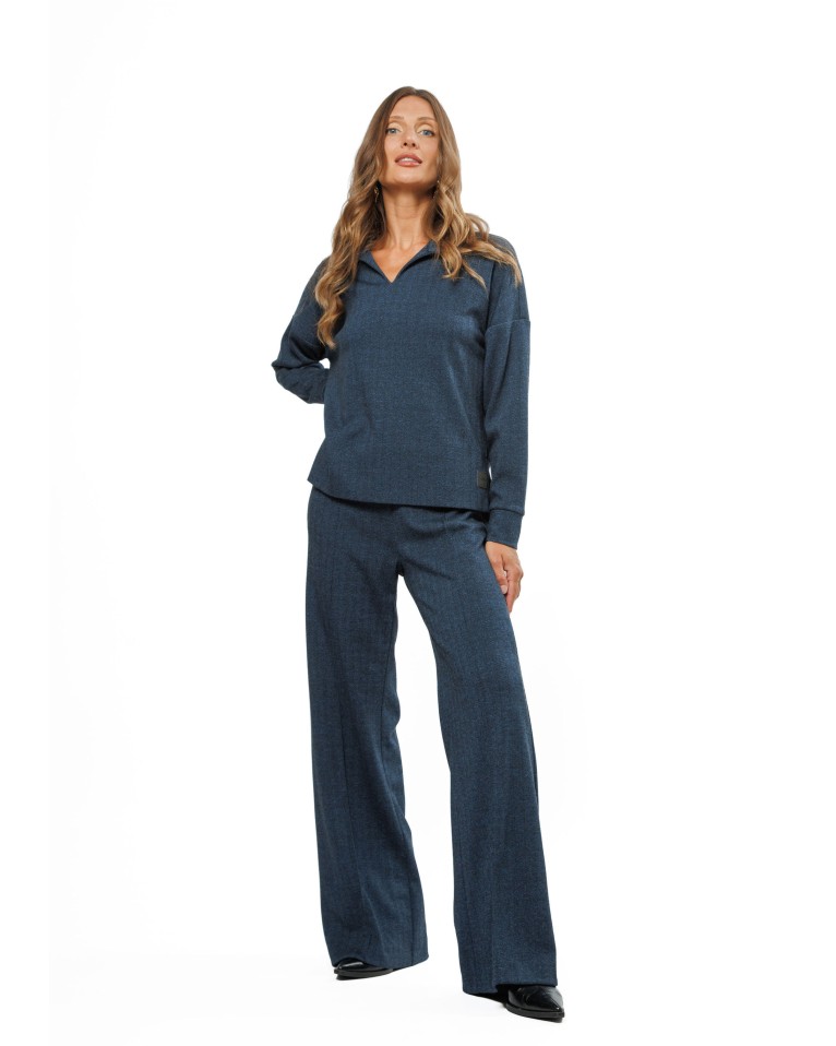 Dark Blue Women’s Trousers with Black Herringbone Pattern and Stitched Creases