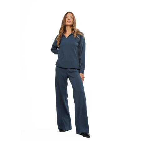 Dark Blue Women’s Trousers with Black Herringbone Pattern and Stitched Creases
