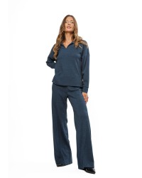 Dark Blue Women’s Trousers with Black Herringbone Pattern and Stitched Creases