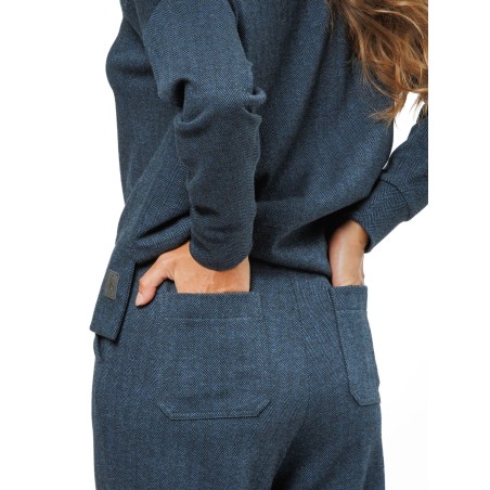 Dark Blue Women’s Trousers with Black Herringbone Pattern and Stitched Creases