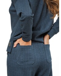 Dark Blue Women’s Trousers with Black Herringbone Pattern and Stitched Creases