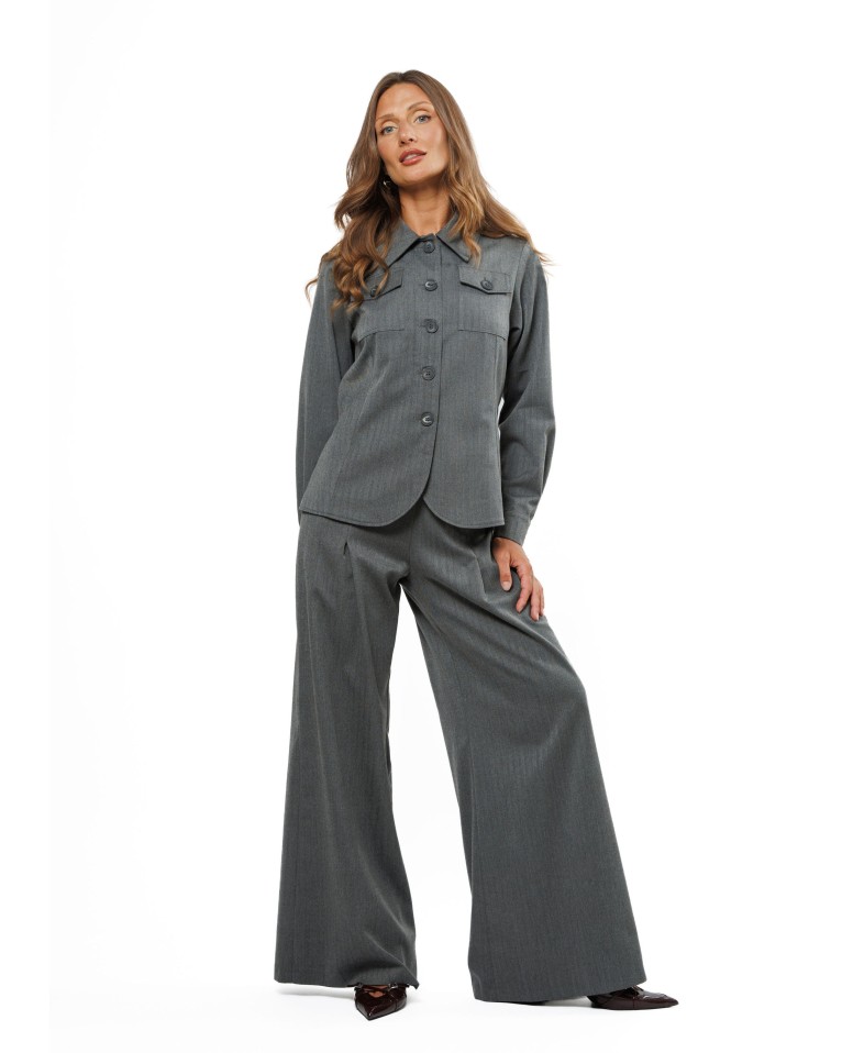 Grey Wide-Leg Women’s Herringbone Trousers with Pleats