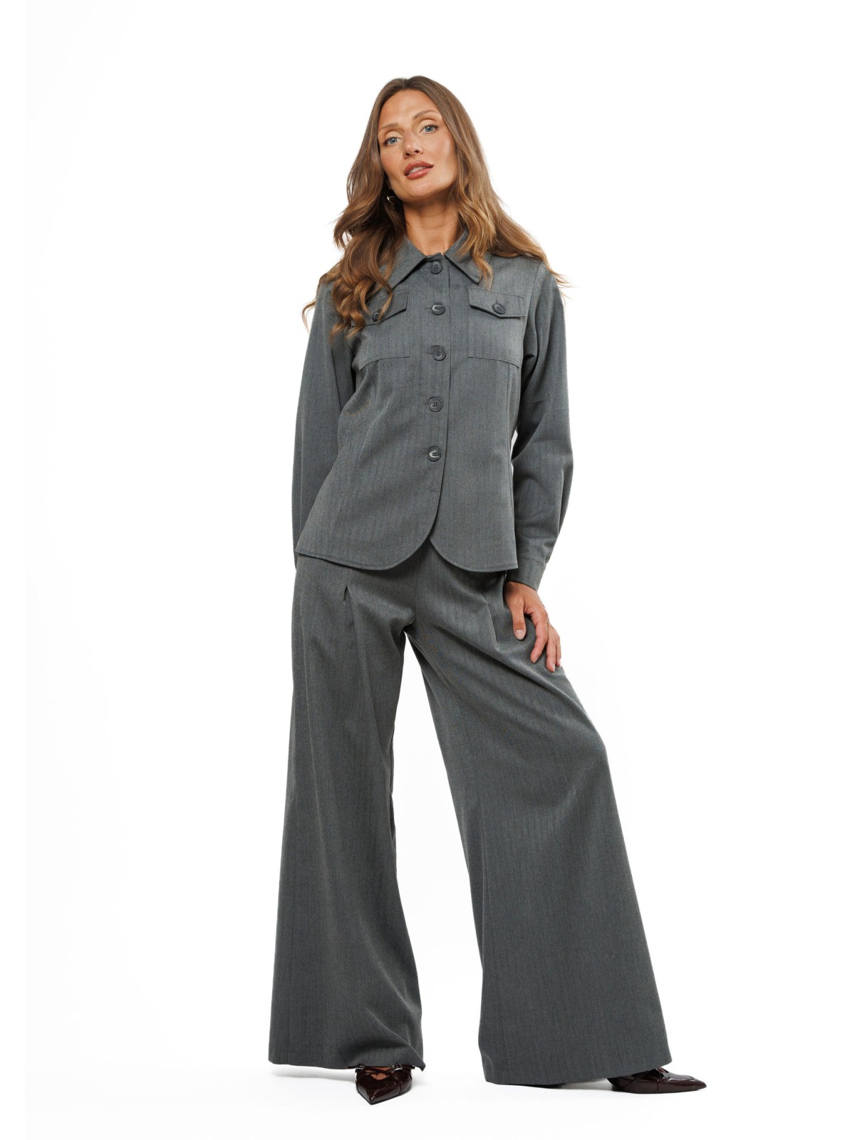 Grey Wide-Leg Women’s Herringbone Trousers with Pleats