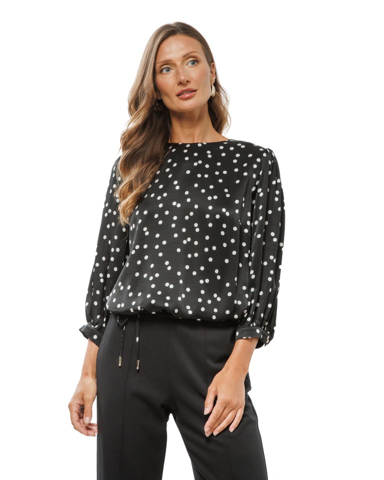 Black Women’s Satin Blouse with Cream Polka Dots