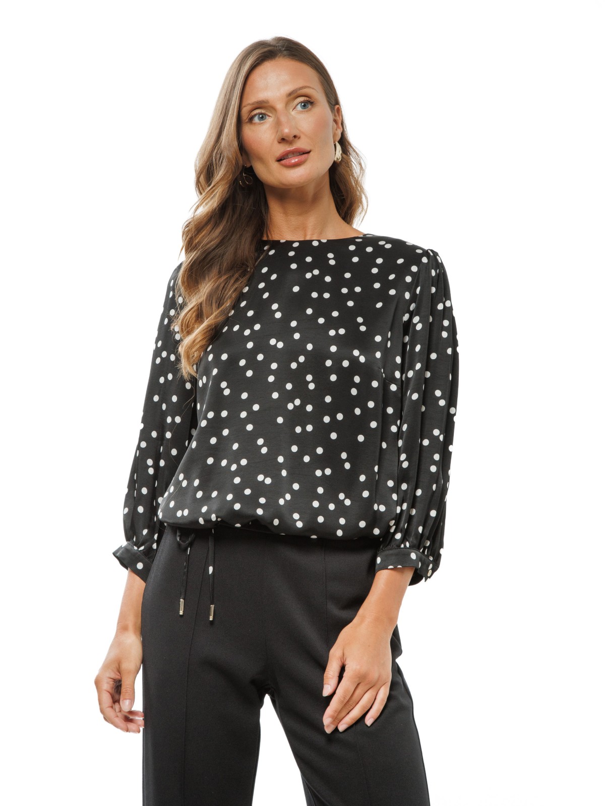 Black Women’s Satin Blouse with Cream Polka Dots