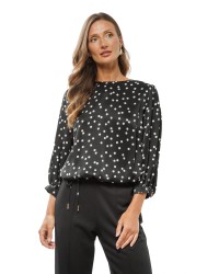 Black Women’s Satin Blouse with Cream Polka Dots