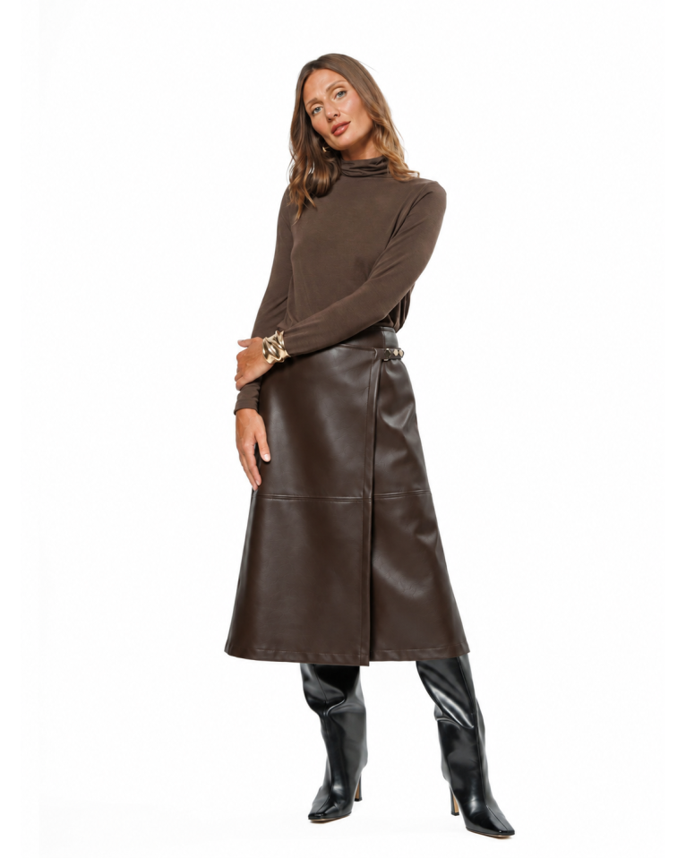 Dark Brown Women’s Faux Leather Wrap-Front Skirt