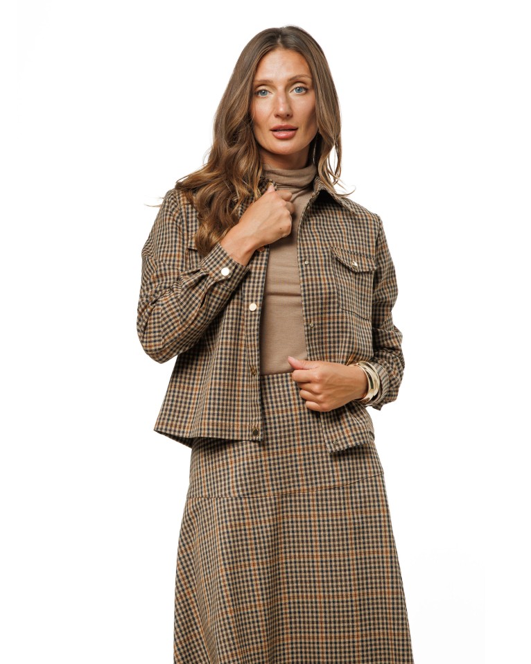 Light Brown Check Women’s Jacket with Gold-Tone Snaps