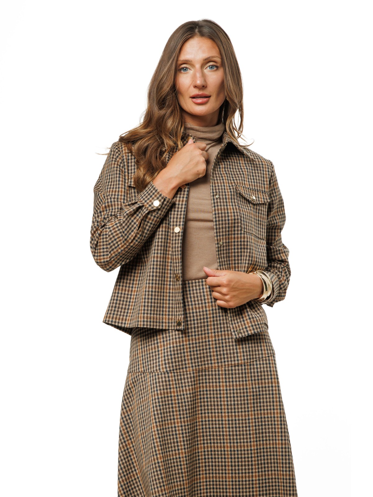 Light Brown Check Women’s Jacket with Gold-Tone Snaps