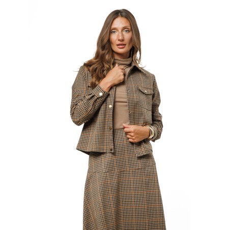 Light Brown Check Women’s Jacket with Gold-Tone Snaps