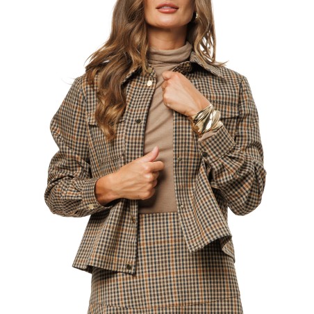 Light Brown Check Women’s Jacket with Gold-Tone Snaps