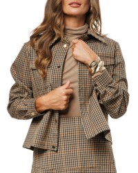 Light Brown Check Women’s Jacket with Gold-Tone Snaps