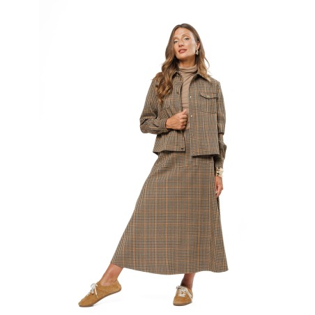 Light Brown Check Women’s Jacket with Gold-Tone Snaps
