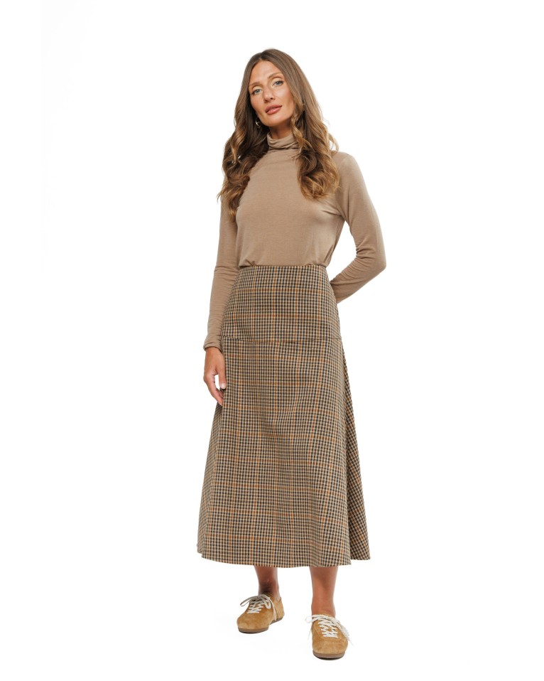 Light Brown Check Women’s Flared Midi Skirt
