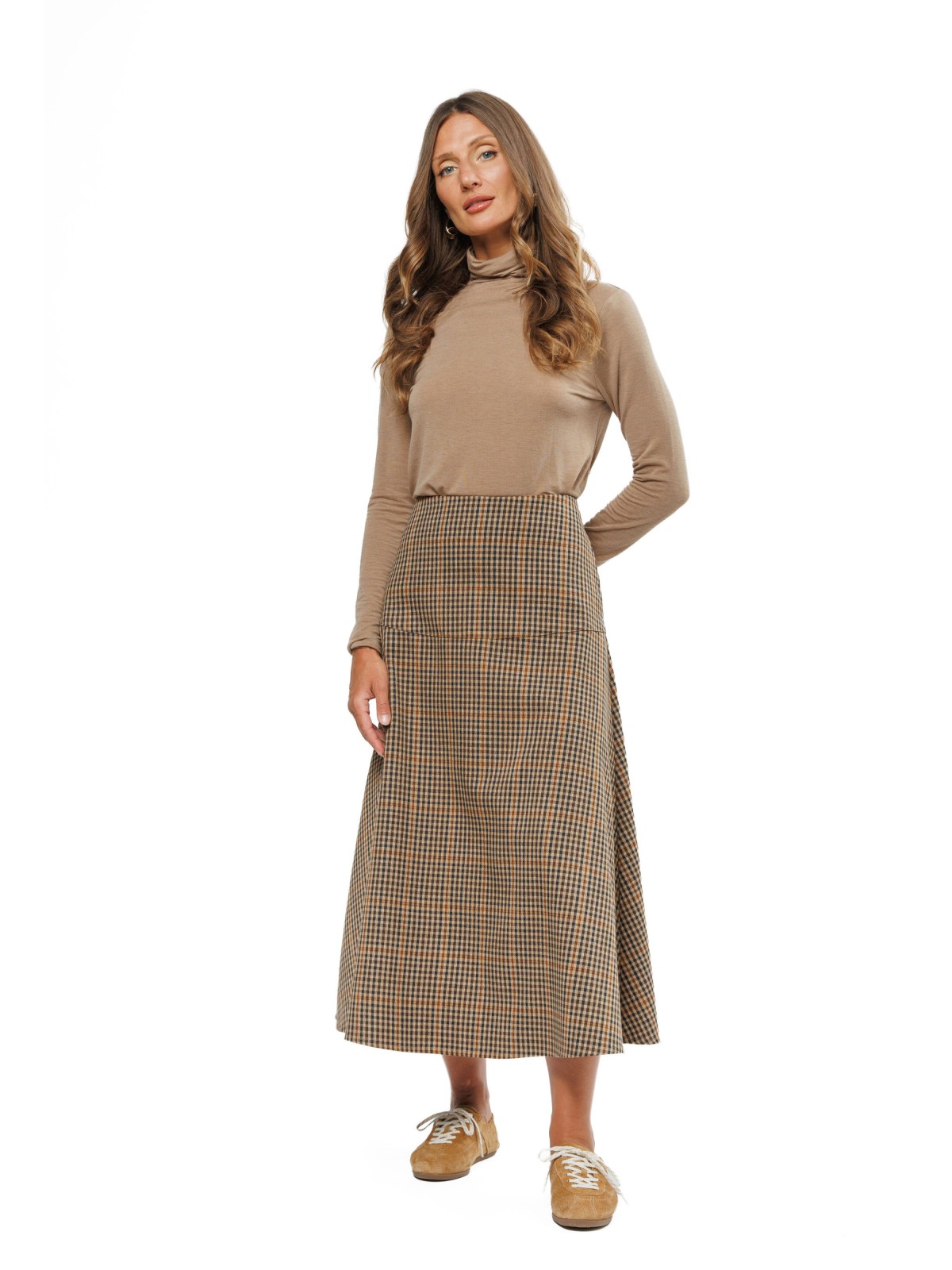 Light Brown Check Women’s Flared Midi Skirt