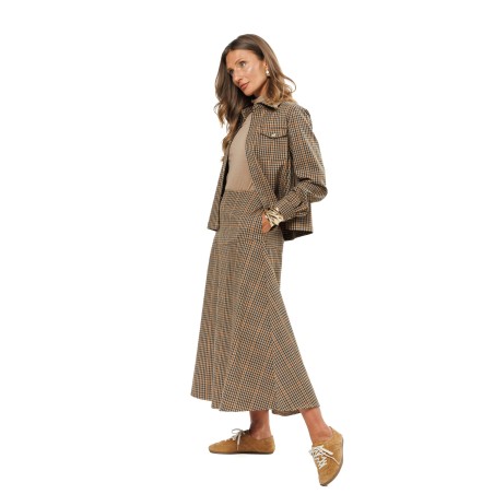Light Brown Check Women’s Flared Midi Skirt