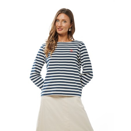 White and Dark Blue Striped Women’s Blouse with Embroidered Logo